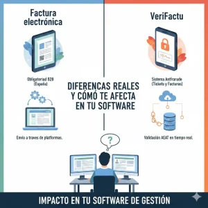 Infografía comparativa entre Factura Electrónica (Ley Crea y Crece) y el sistema VeriFactu, detallando el envío a plataformas y la validación en tiempo real con la AEAT para software de gestión.